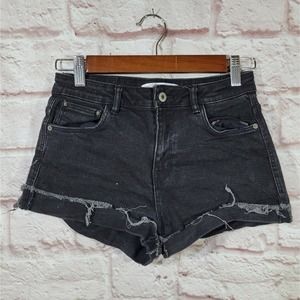 Zara Black High Rise Distressed Cuffed Booty Button Fly Jean Shorts